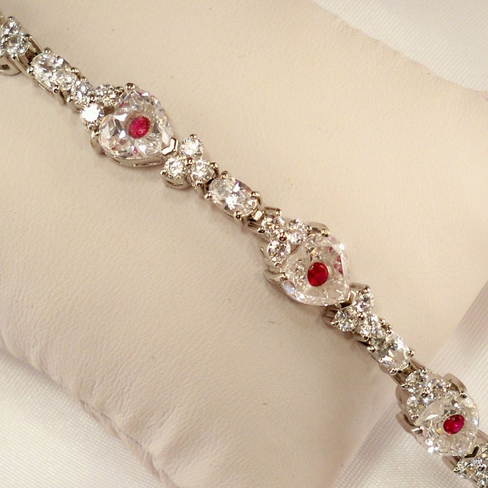 NEW Ruby Red Stone Floating Heart Cut Cubic Zirconias Silver DESIGNER Bracelet
